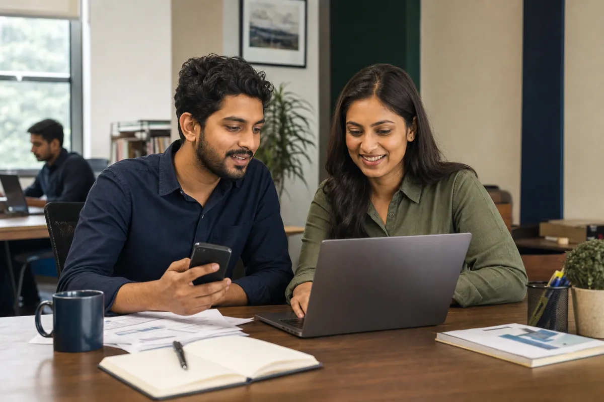Sales and customer success teammates coordinating customer conversations on a phone and laptop